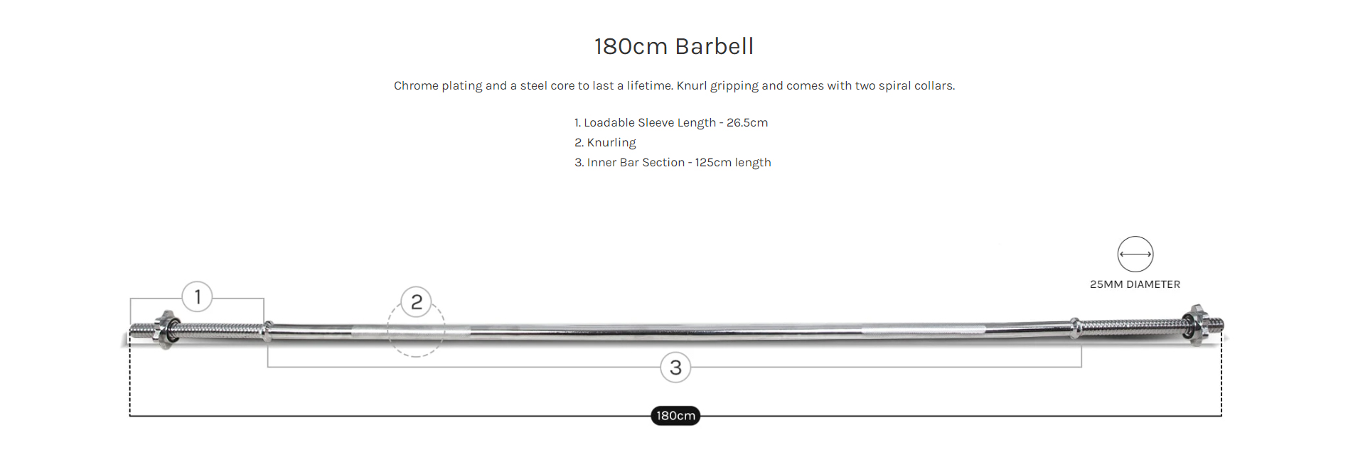 180cm Chrome Barbell with Knurled Grip